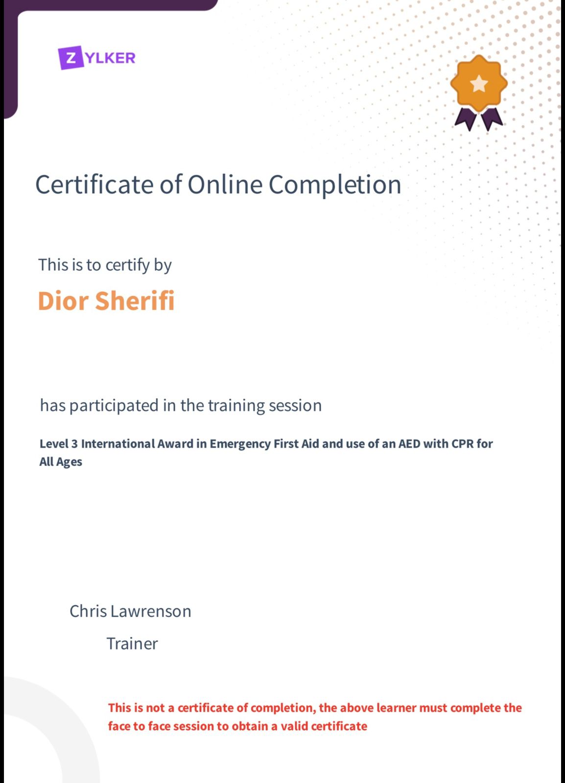 Level 3 Emergency First Aid & AED with CPR — issued by International Award · Online Completion, 2024