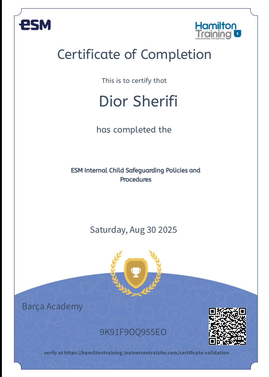 ESM Internal Child Safeguarding Policies & Procedures — issued by ESM · Hamilton Training · Barça Academy, 30 Aug 2025