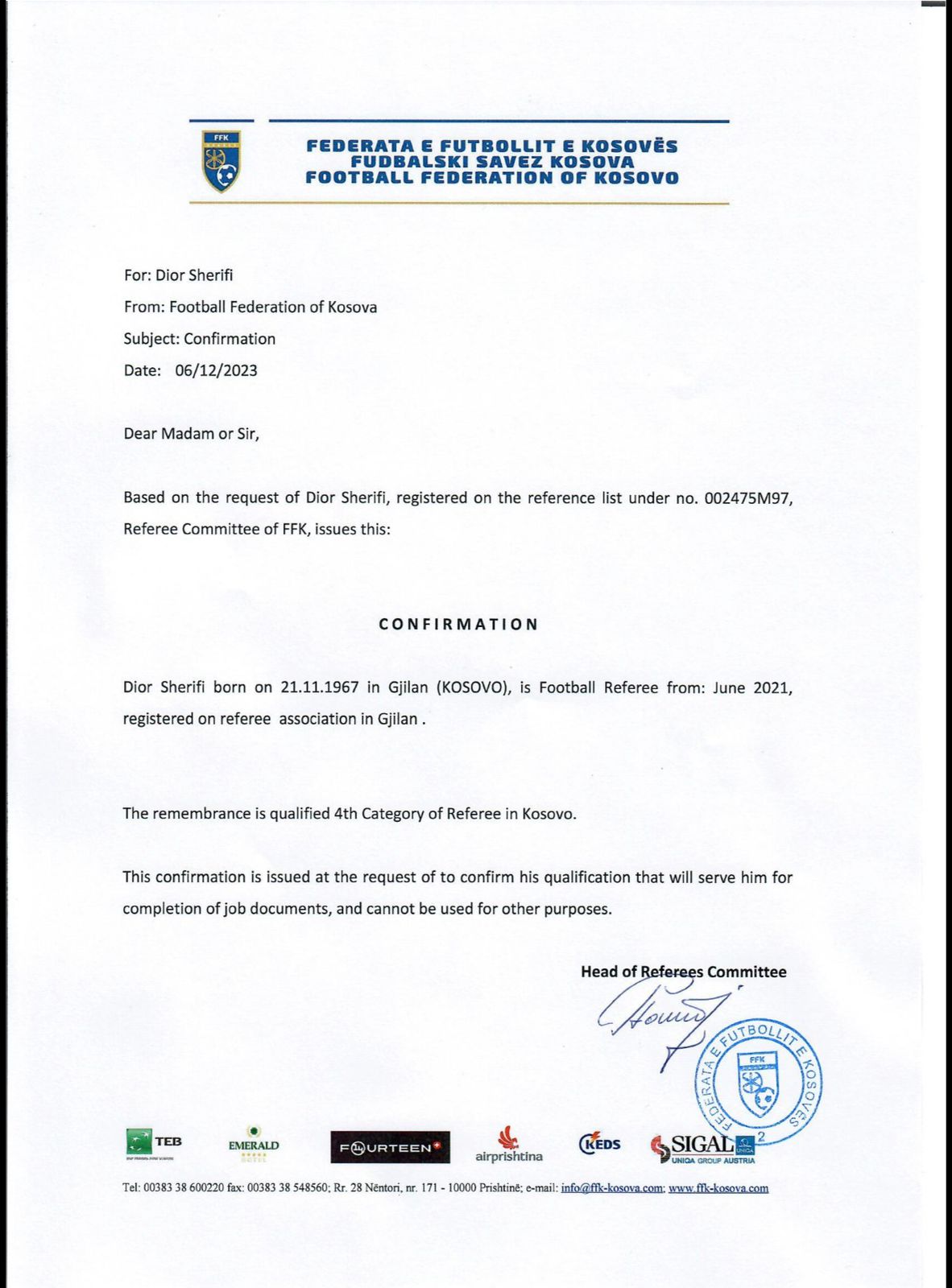 Football Referee · 4th Category — issued by Football Federation of Kosovo (FFK), 06 Dec 2023