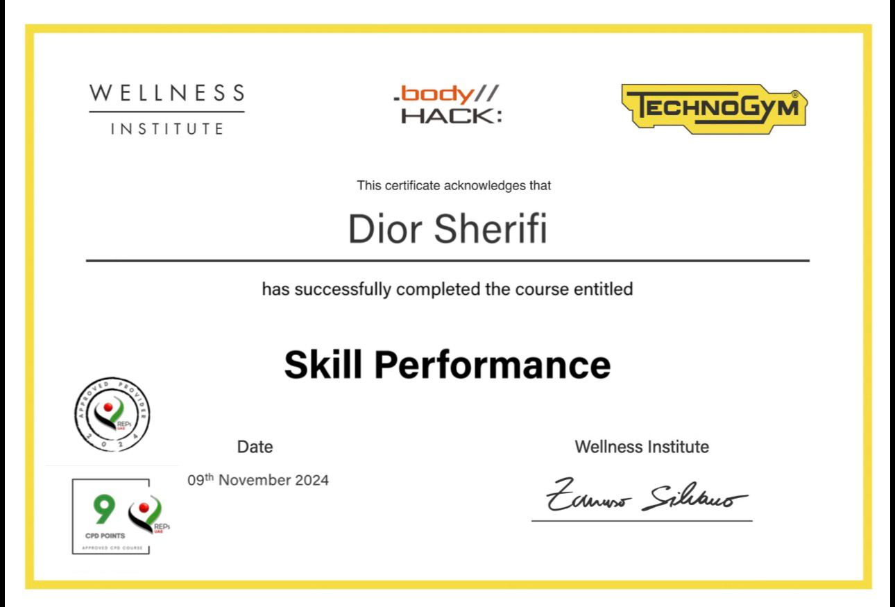 Skill Performance — issued by Wellness Institute · bodyHACK · Technogym, 09 Nov 2024
